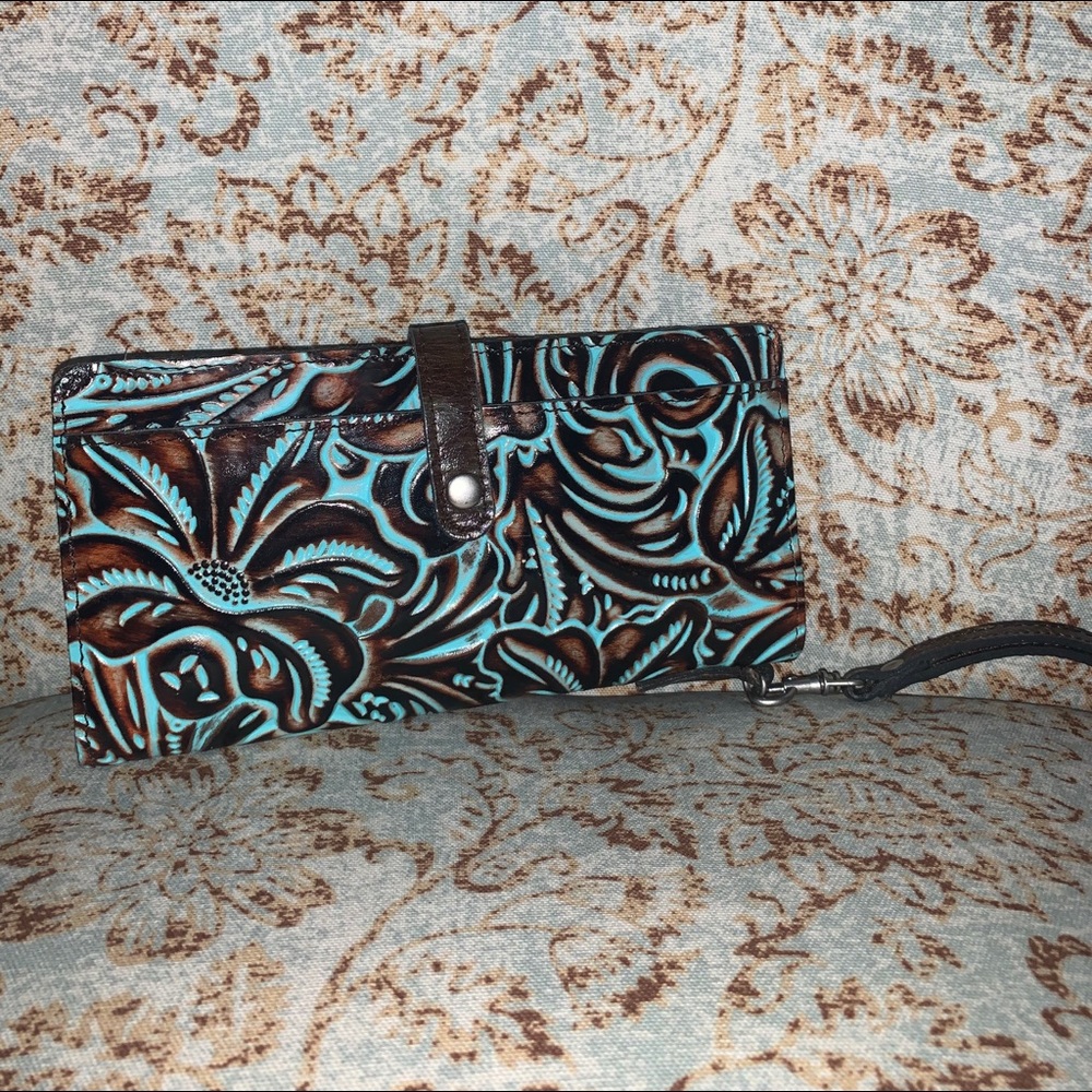 Floral Embossed Leather Clutch - Brown and Blue